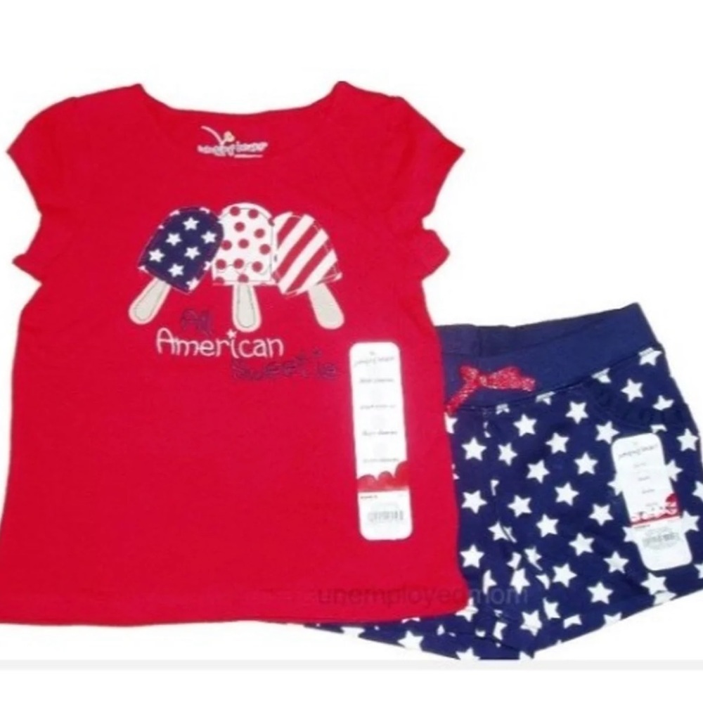 Summer Girls 2 Pc Set Memorial Red Tee Short Patriotic Shirt July 4 Top